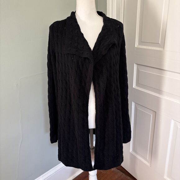 Talbots Size Small Black Cable Knit Cotton Wool Blend Open Front Cardigan - Picture 1 of 5
